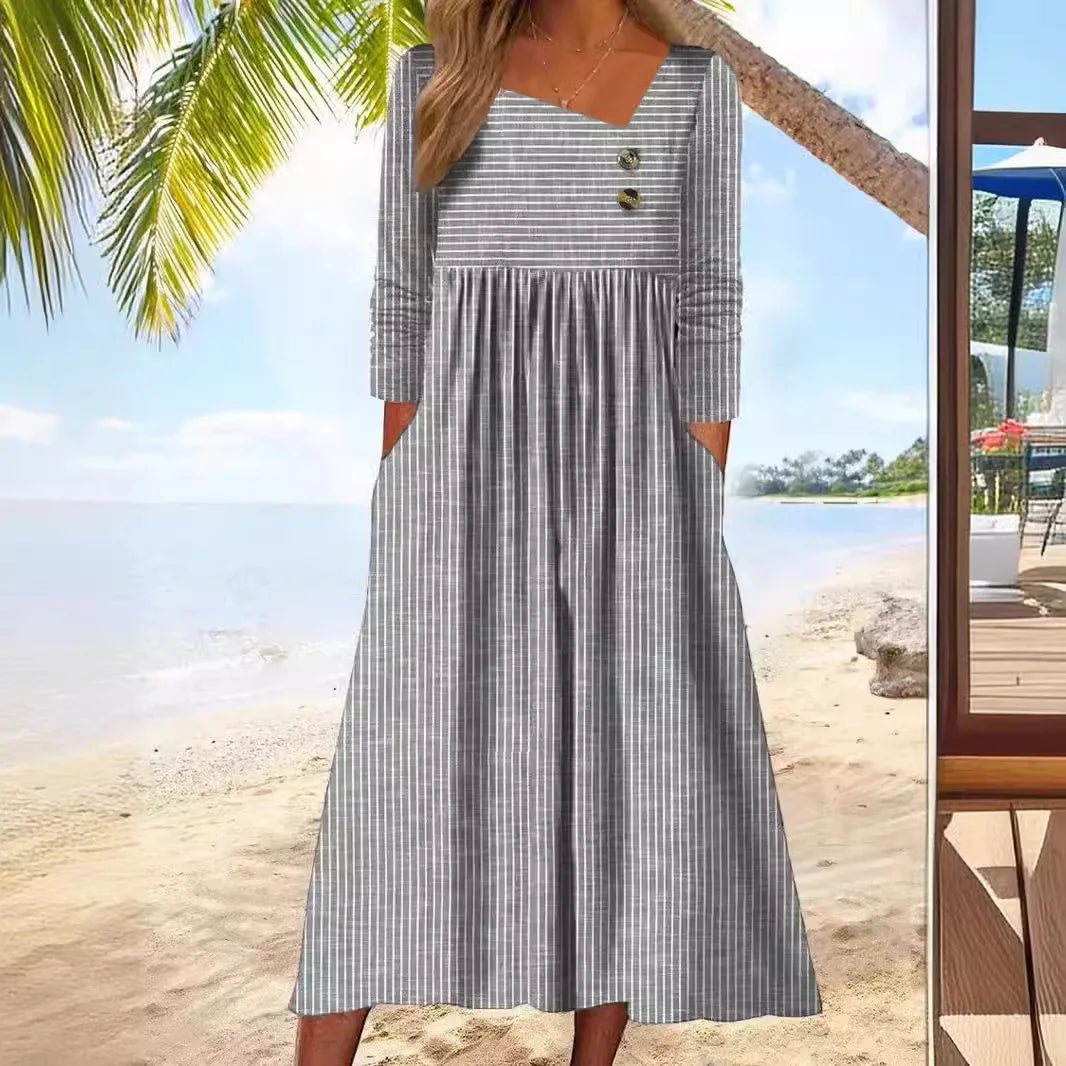 Gabi | Vestido Midi de Algodão Listrado com Elegância Descontraída