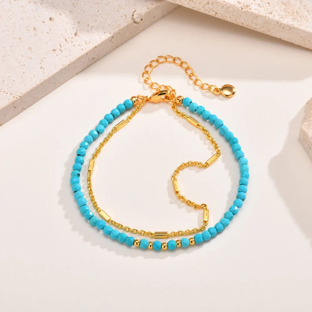 Pulseira de Turquesa com Dupla Corrente em Ouro Atemporal