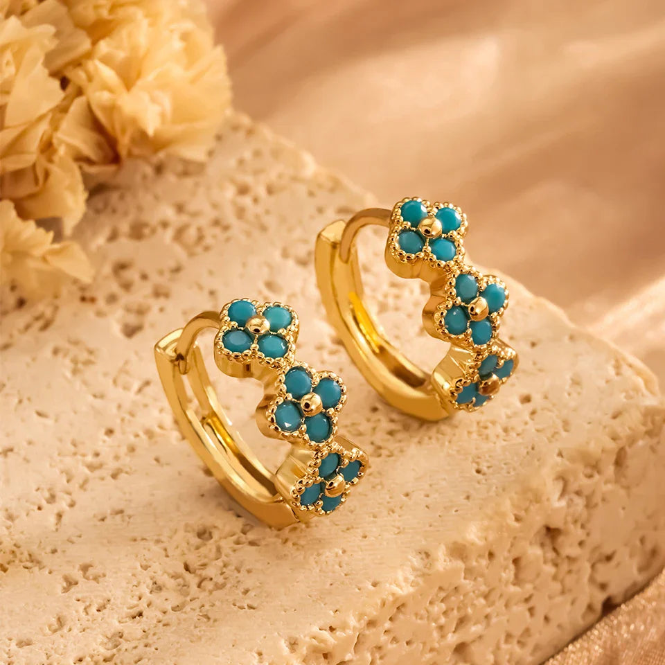 Brincos de Argola com Flor Azul Turquesa Chic