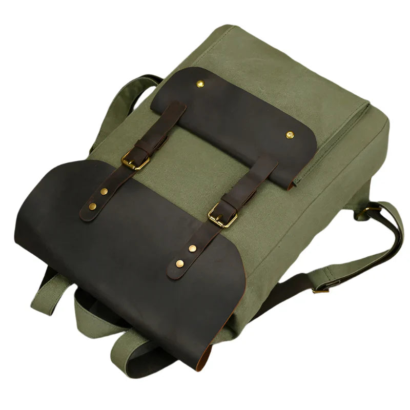 Mochila de Couro e Lona Genuine | Mochila Vintage para Laptop de Faculdade