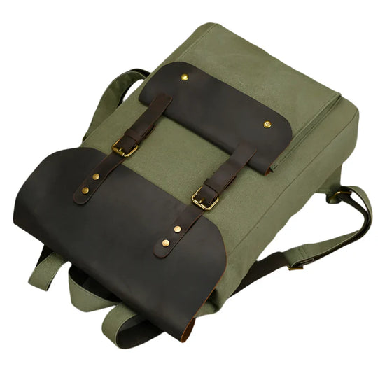 Mochila de Couro e Lona Genuine | Mochila Vintage para Laptop de Faculdade
