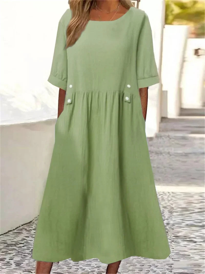 Julia | VESTIDO MIDI DE ALGODÃO LISTRADO COM ELEGÂNCIA DESCONTRAÍDA