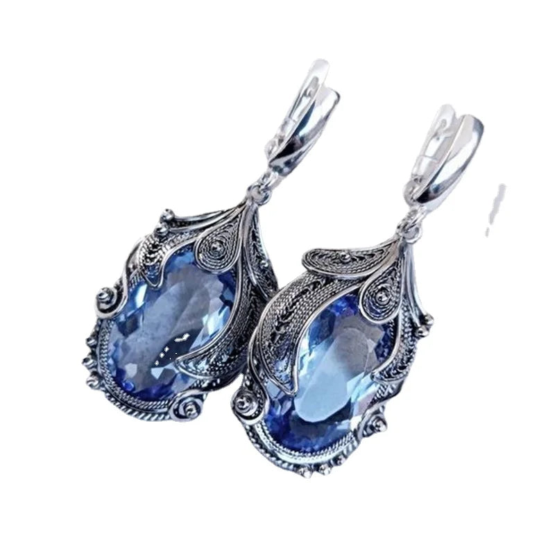 Brincos de Pedra Quartzo Azul Brincos de Cristal Retrô