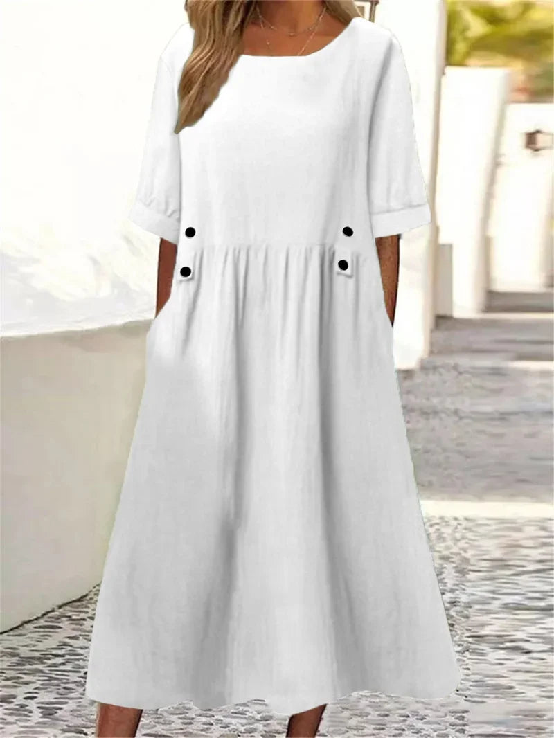 Julia | VESTIDO MIDI DE ALGODÃO LISTRADO COM ELEGÂNCIA DESCONTRAÍDA
