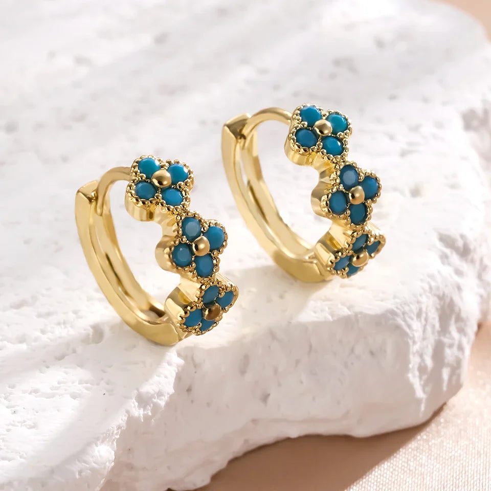Brincos de Argola com Flor Azul Turquesa Chic