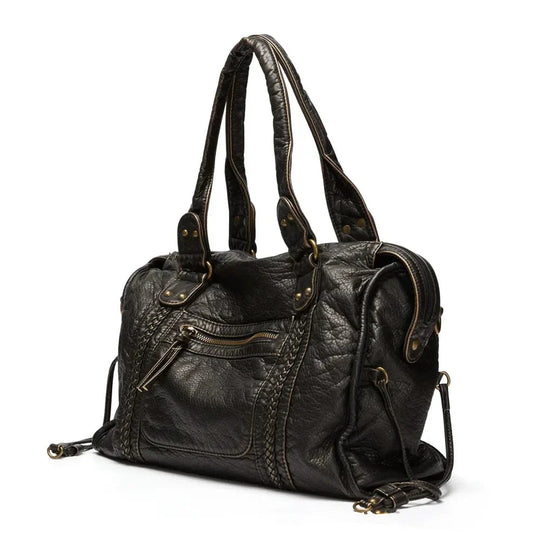 Bolsa de mão preta de couro vintage elegante
