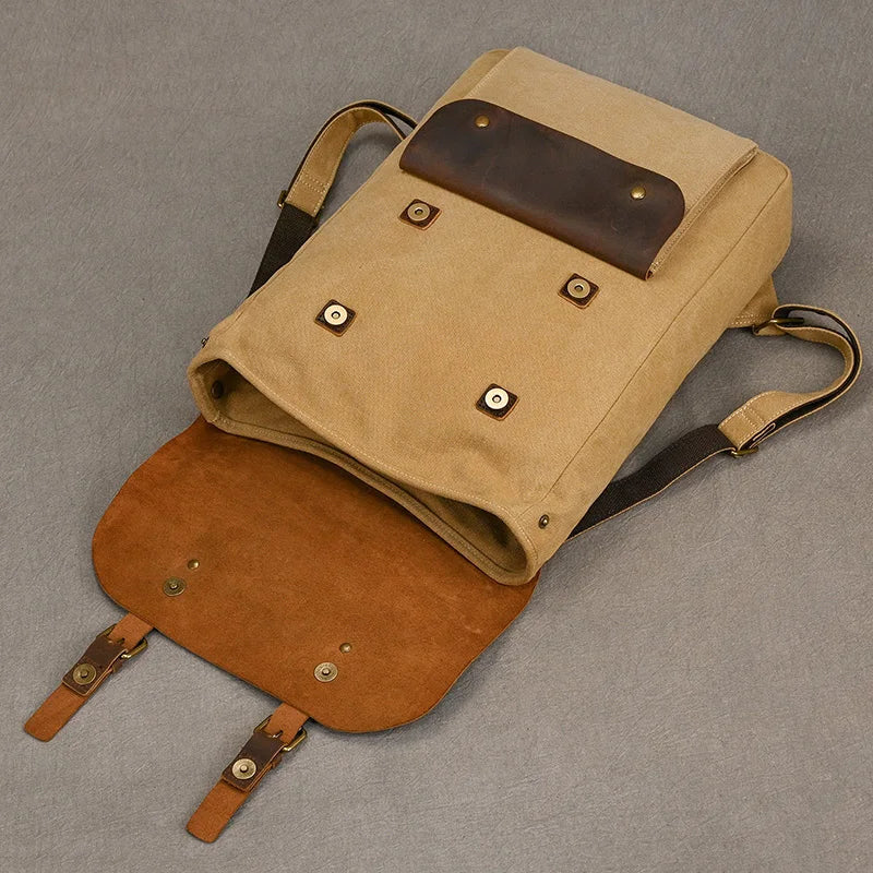 Mochila de Couro e Lona Genuine | Mochila Vintage para Laptop de Faculdade