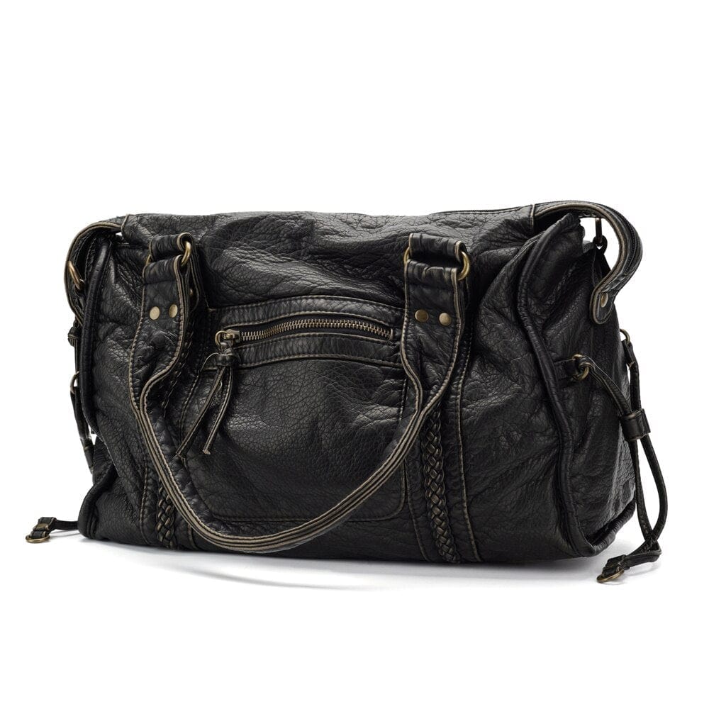 Bolsa de mão preta de couro vintage elegante