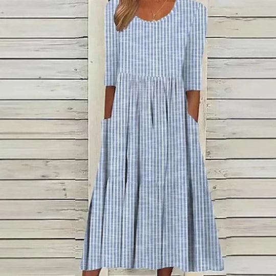 Carla | VESTIDO MIDI DE ALGODÃO LISTRADO COM ELEGÂNCIA DESCONTRAÍDA