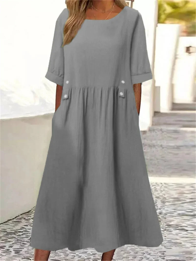 Julia | VESTIDO MIDI DE ALGODÃO LISTRADO COM ELEGÂNCIA DESCONTRAÍDA