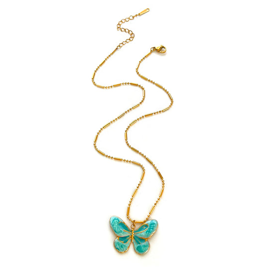 Conjunto de Colar com Pingente de Borboleta Azul e Gota d'Água