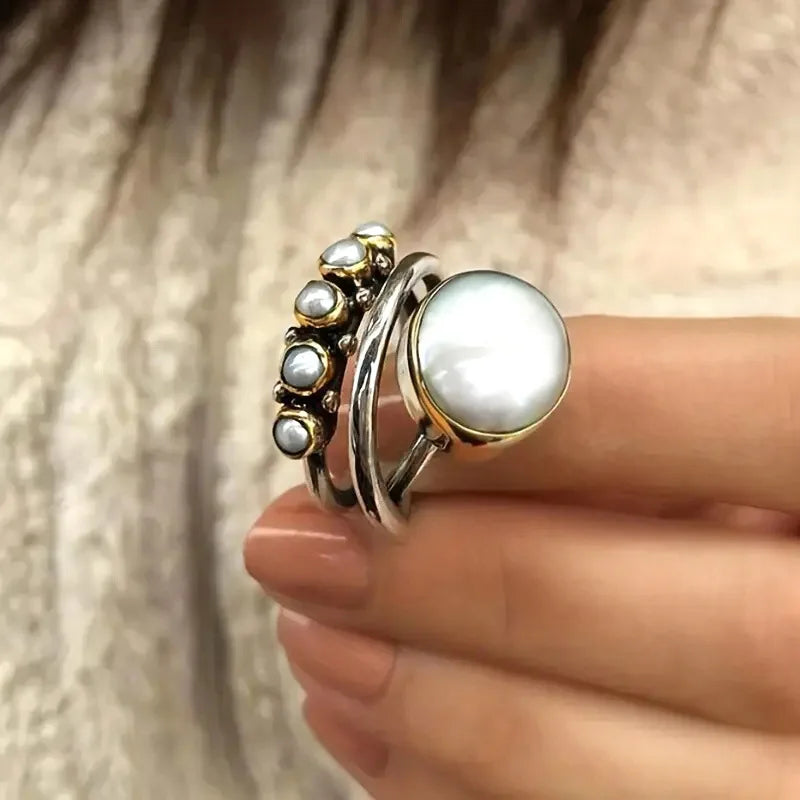 Conjunto de Anéis Empilháveis de Pérola Prateada