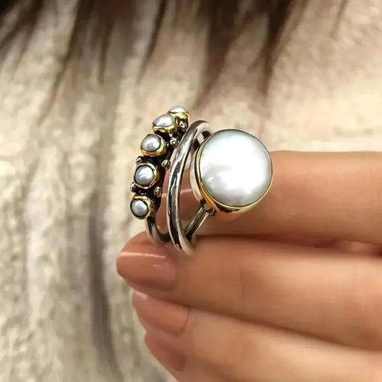Conjunto de Anéis Empilháveis de Pérola Prateada