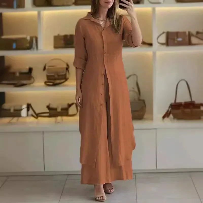Alira – Vestido Blusa Relaxado e Calças de Linho de Perna Larga