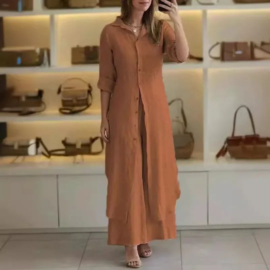 Alira – Vestido Blusa Relaxado e Calças de Linho de Perna Larga