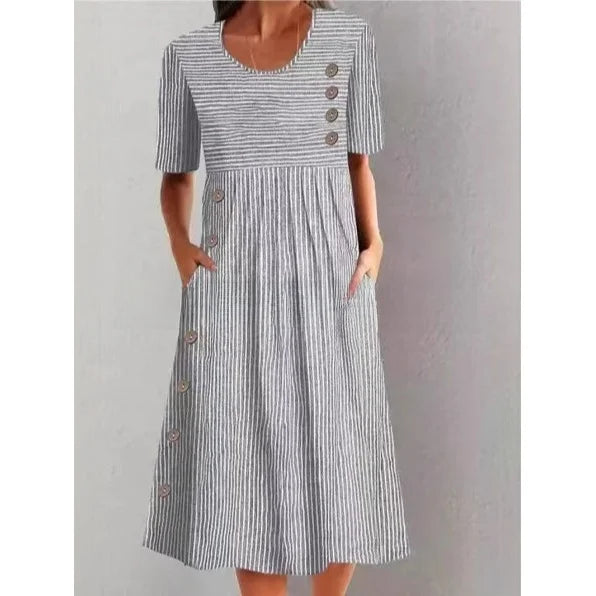 Mari | VESTIDO MIDI DE ALGODÃO LISTRADO COM ELEGÂNCIA DESCONTRAÍDA