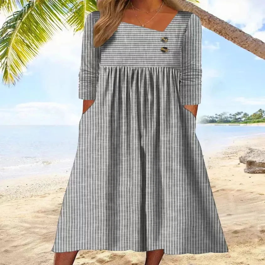 Gabi | Vestido Midi de Algodão Listrado com Elegância Descontraída