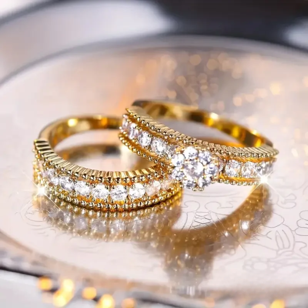 CONJUNTO DE ANÉIS DE ZIRCÔNIA DOURADA BRILHANTE