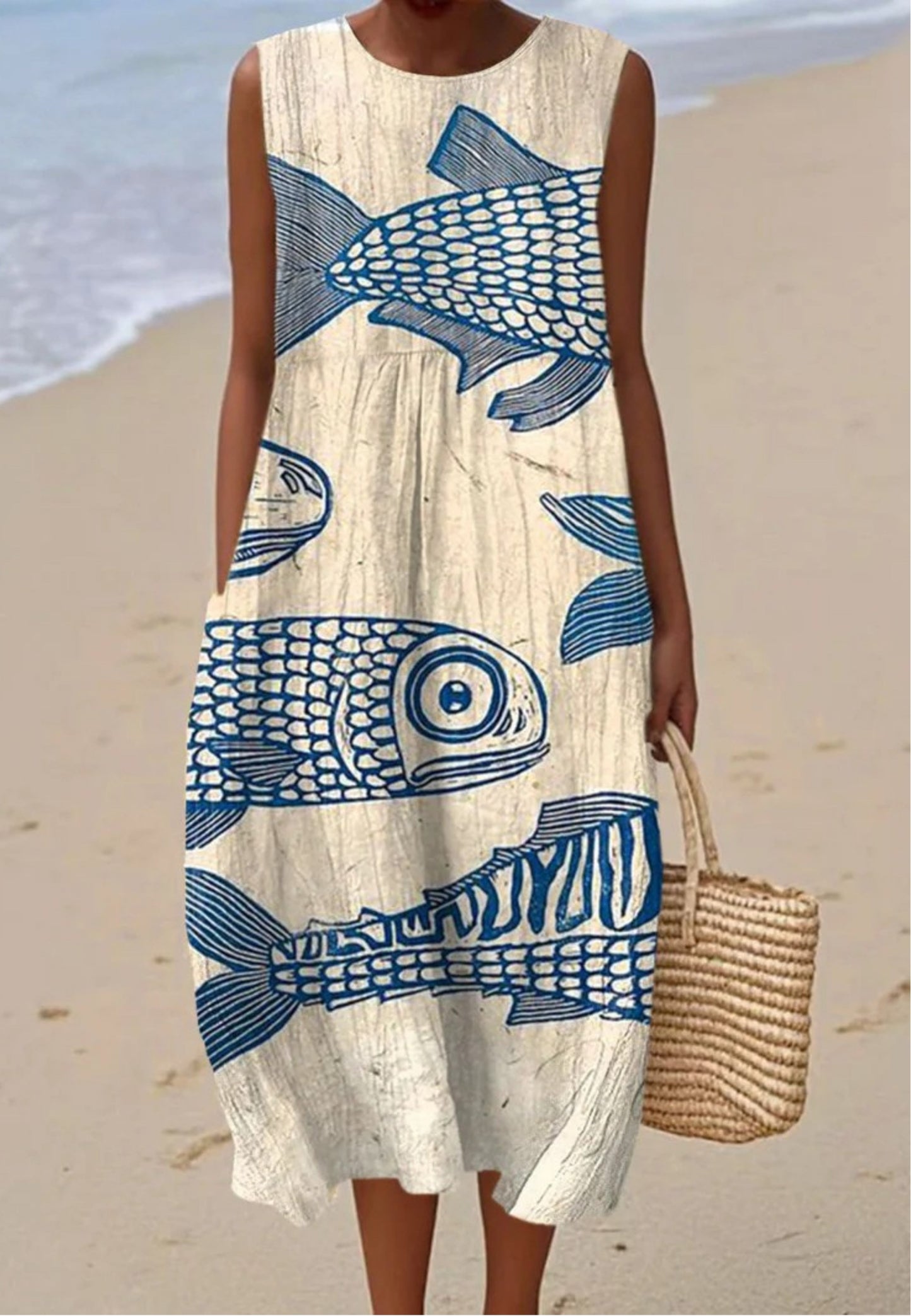 River - Vestido Inspirado no Vintage com Estampa de Peixes