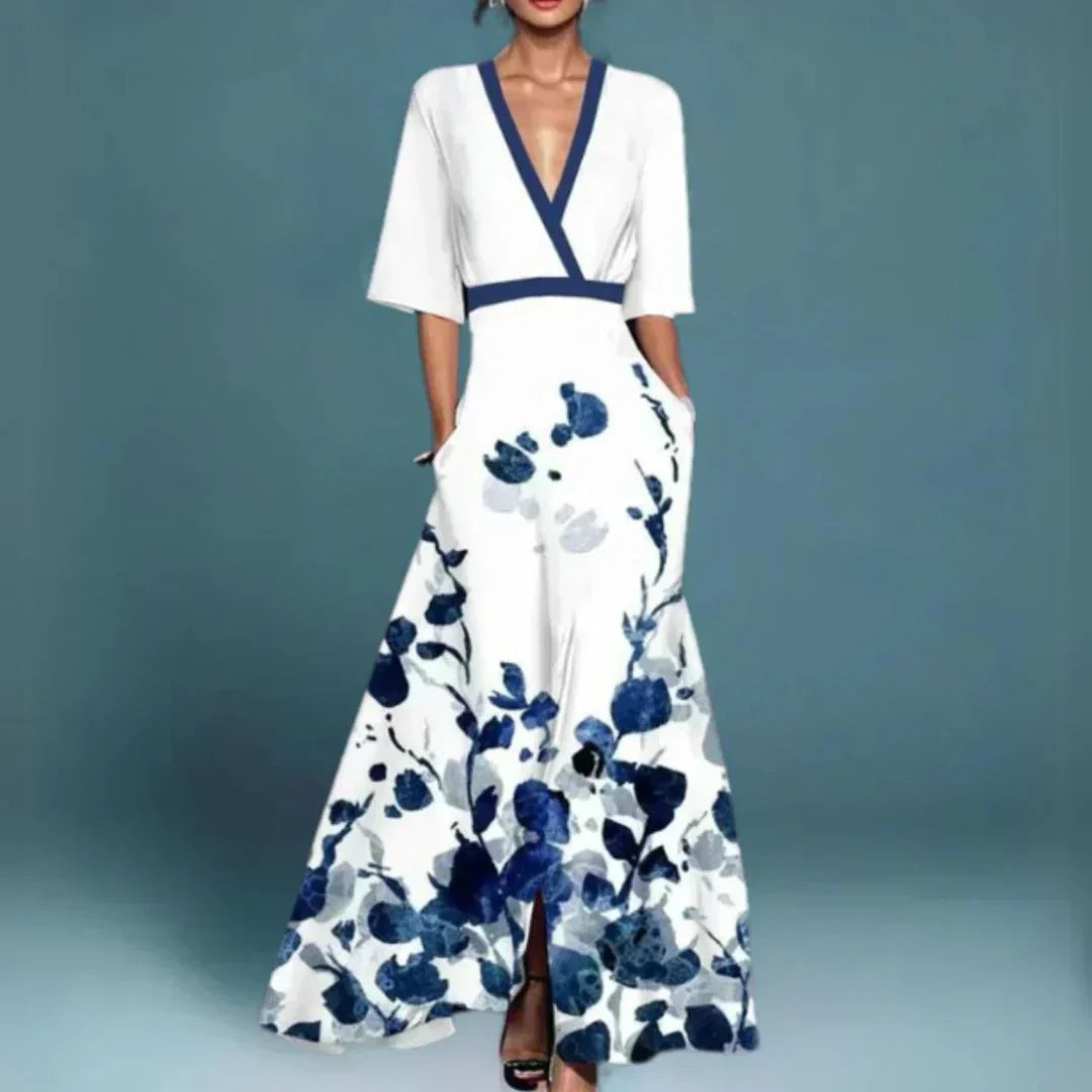 Hazel - Vestido Maxi Floral com Cinto e Decote em V