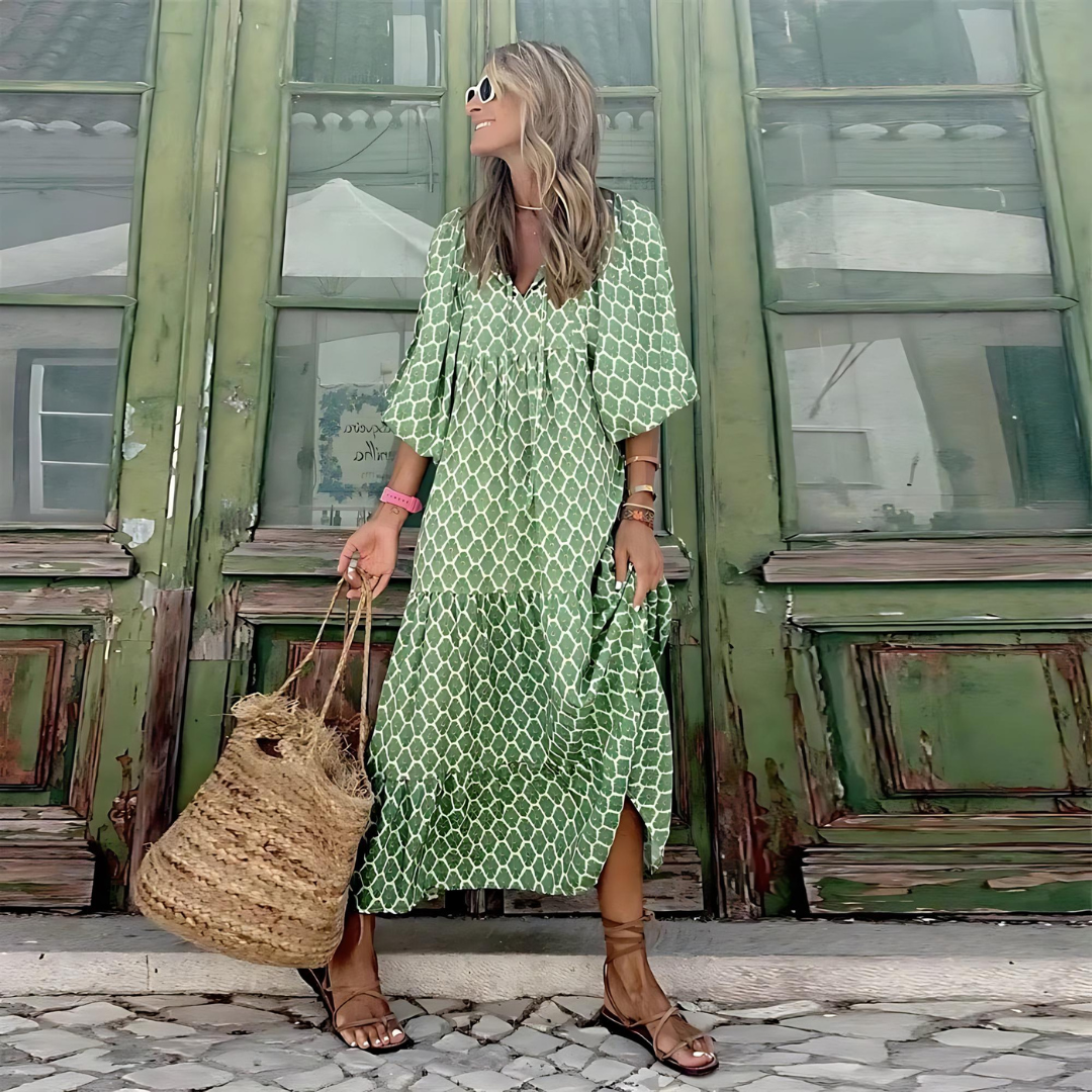 Mabel - Vestido Geométrico Estampado com Comprimento Assimétrico