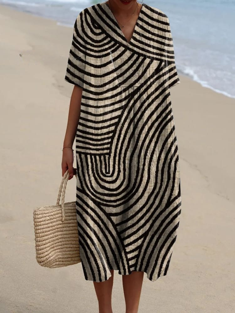 Vestido Flowy com Padrão de Linhas Geométricas Feitas à Mão para Mulheres