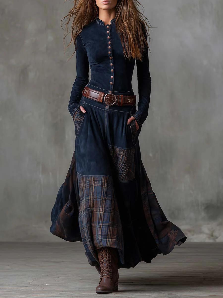 Leonora | Vestido Longo Vintage em Veludo Azul Marinho (Inclui Cinto)