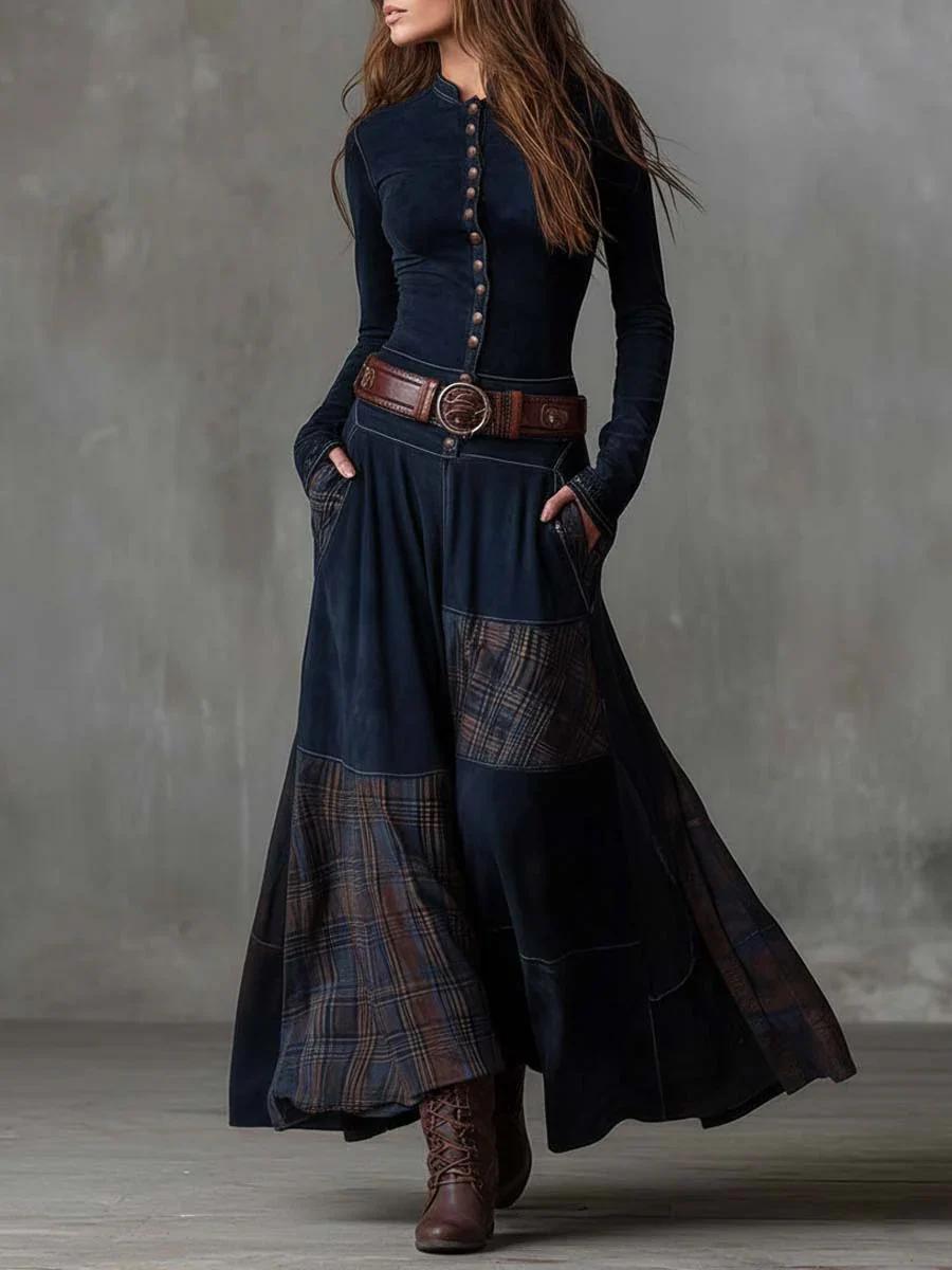 Leonora | Vestido Longo Vintage em Veludo Azul Marinho (Inclui Cinto)