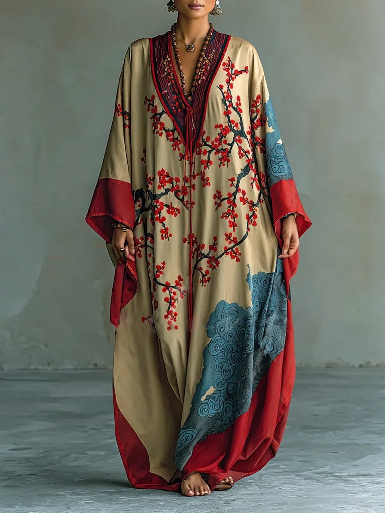 Vestido Maxi de Flor de Ameixa Vermelha Japonesa com Mangas Morcego e Estampa
