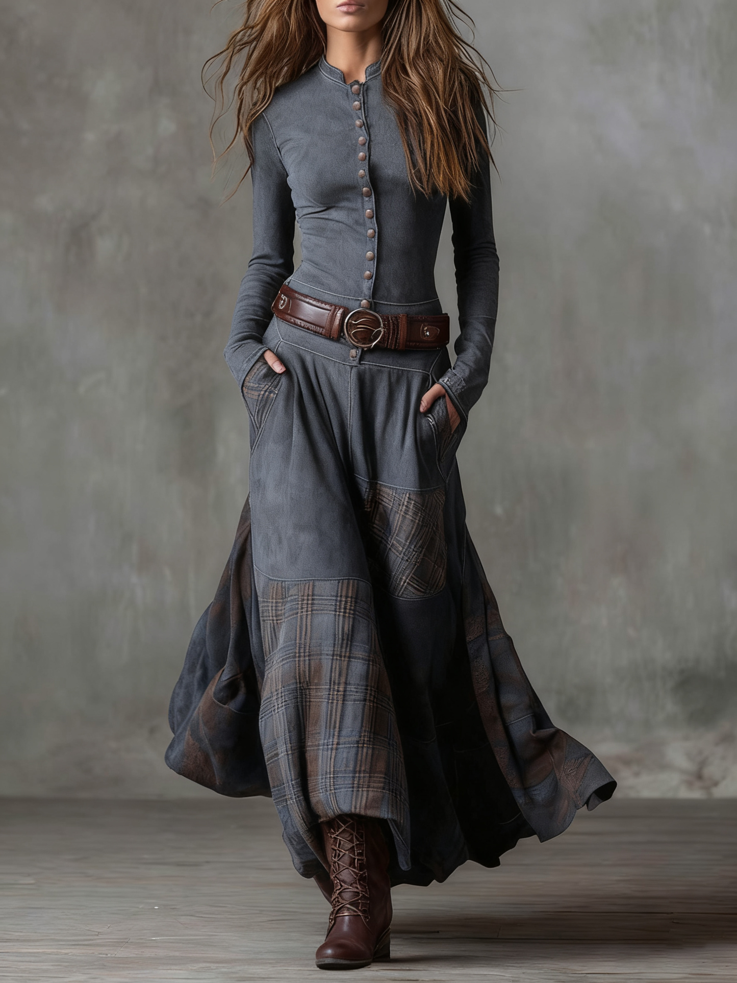 Annalise | Vestido Maxi Xadrez com Botões