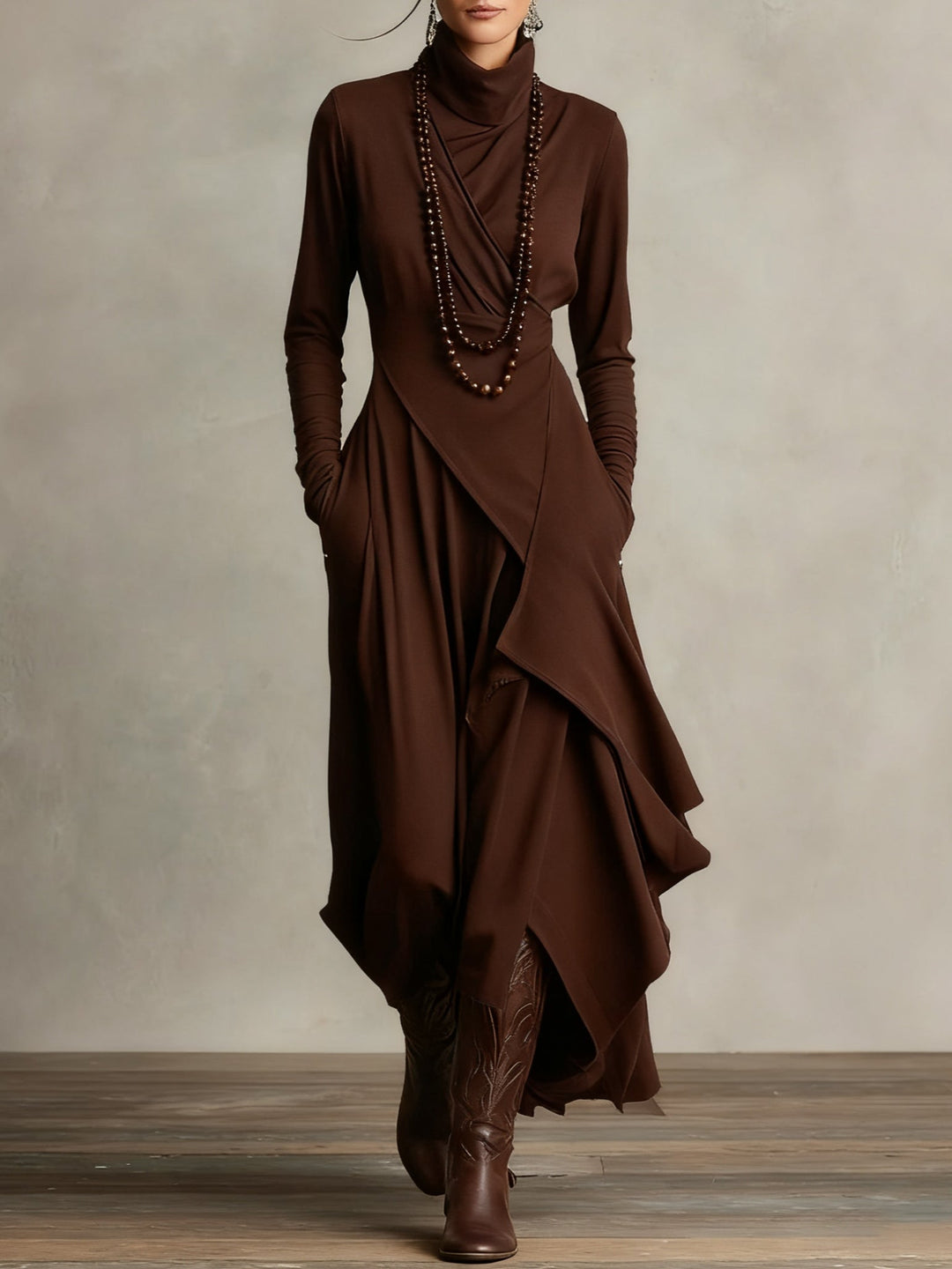 Vestido Maxi Assimétrico Plissado de Gola Alta Roxo