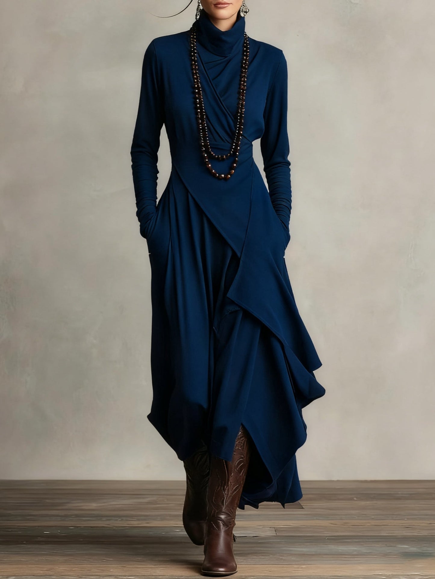 Vestido Maxi Assimétrico Plissado de Gola Alta Roxo