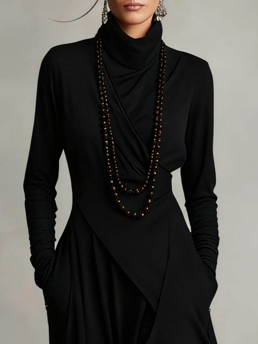 Vestido Maxi Assimétrico Plissado de Gola Alta Roxo