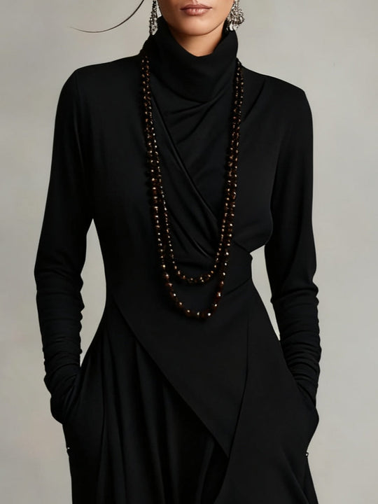 Vestido Maxi Assimétrico Plissado de Gola Alta Roxo