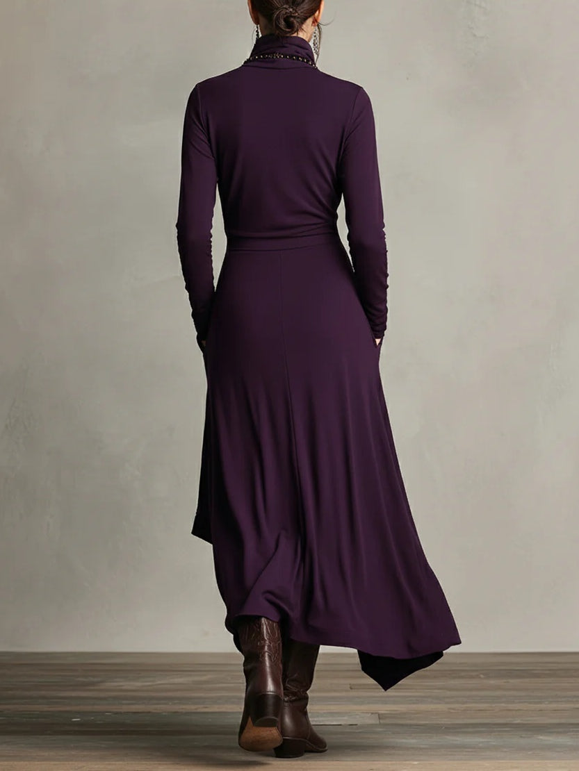 Vestido Maxi Assimétrico Plissado de Gola Alta Roxo