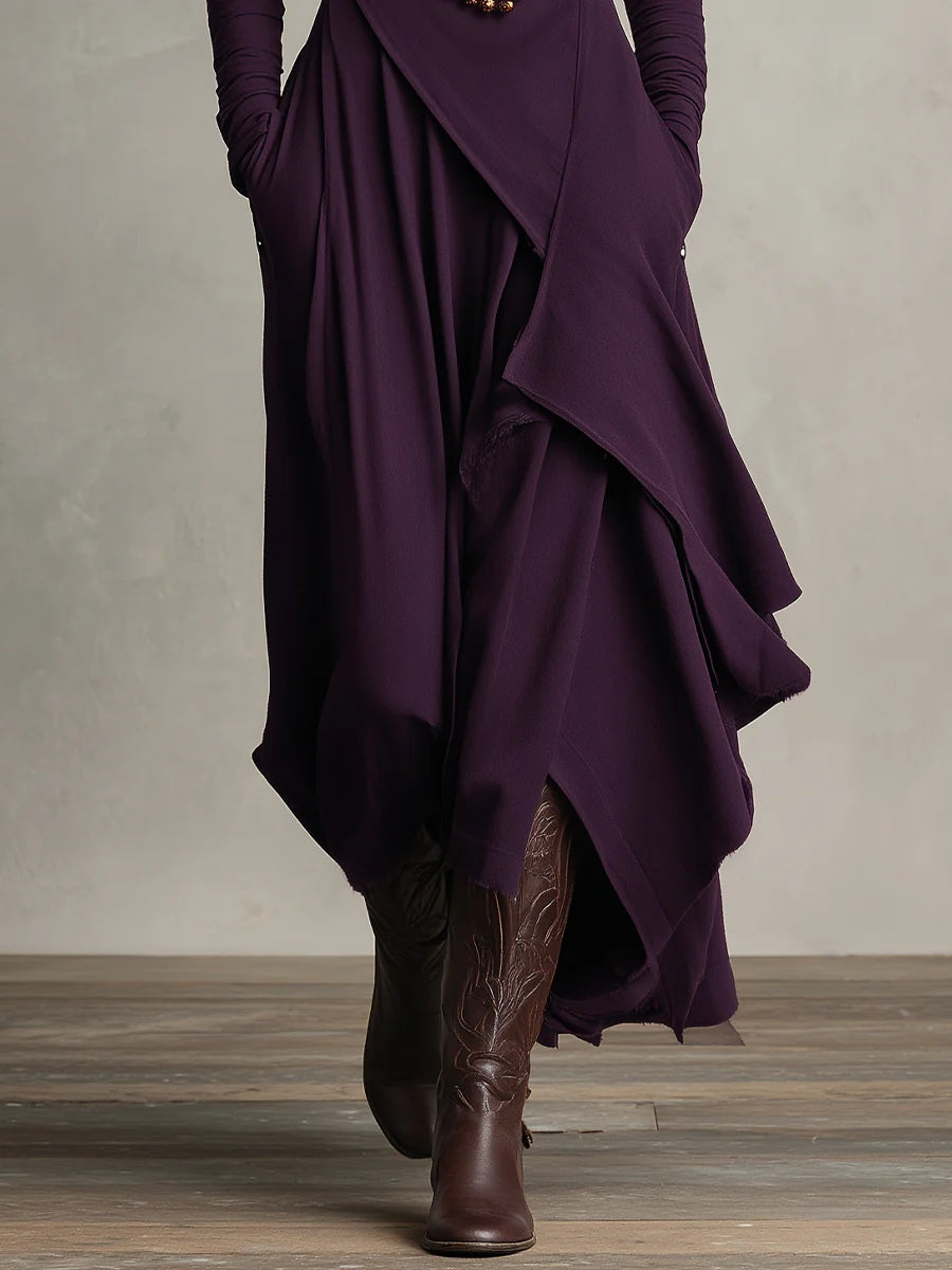 Vestido Maxi Assimétrico Plissado de Gola Alta Roxo