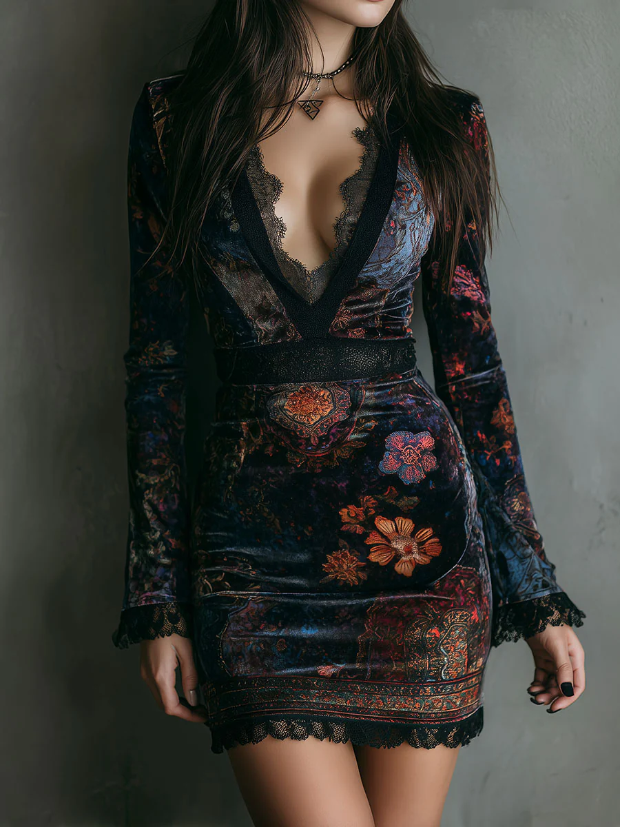 Vestido Mini Slim Fit de Veludo com Estampa Floral e Renda no Decote em V