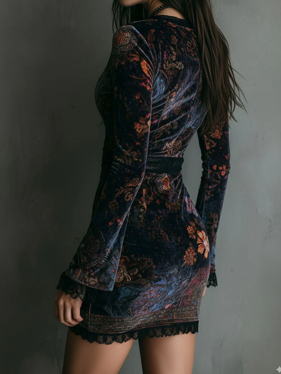 Vestido Mini Slim Fit de Veludo com Estampa Floral e Renda no Decote em V