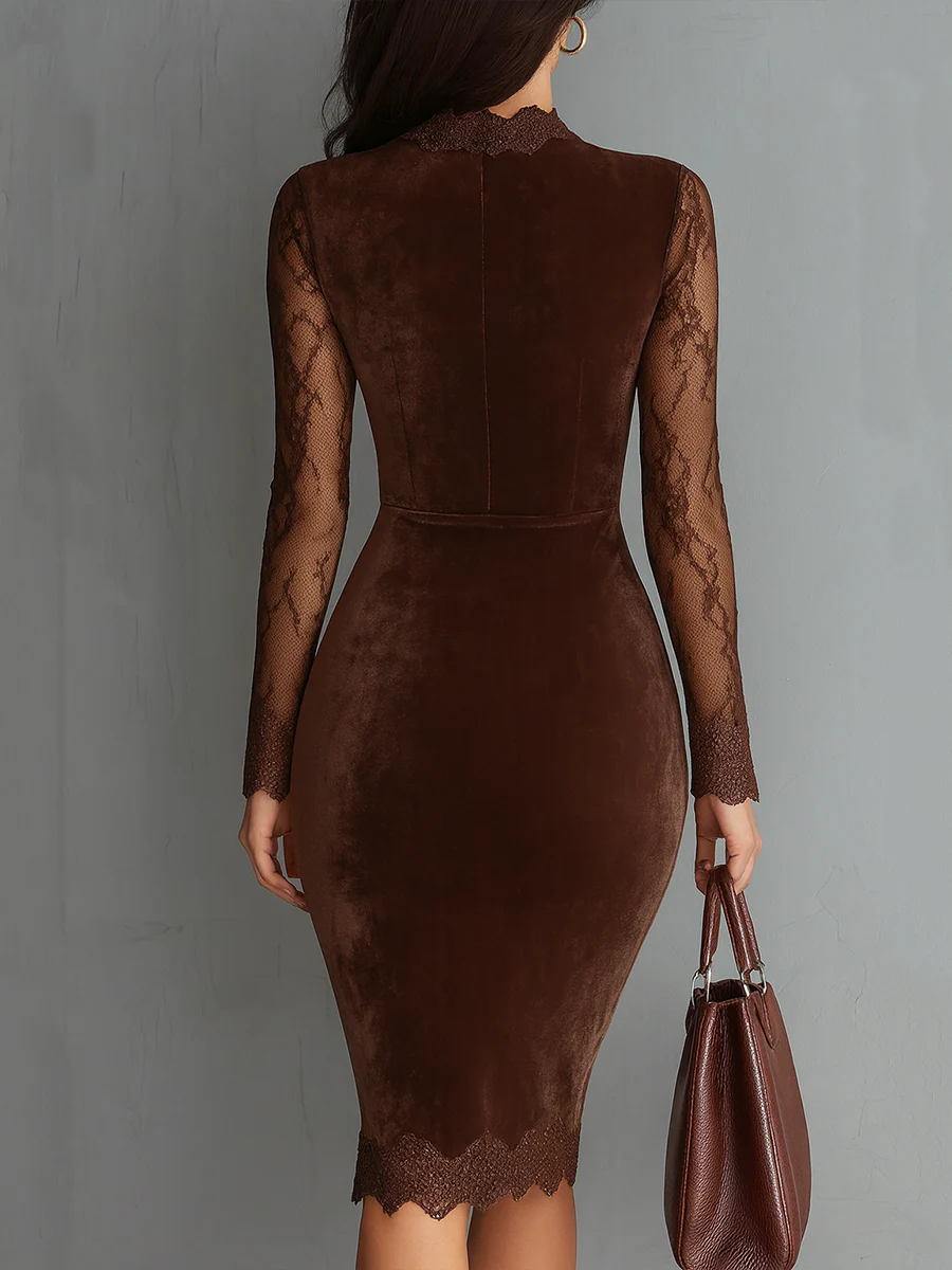 Vestido Mini Velour com Decote Keyhole e Mangas de Renda Vintage Marrom