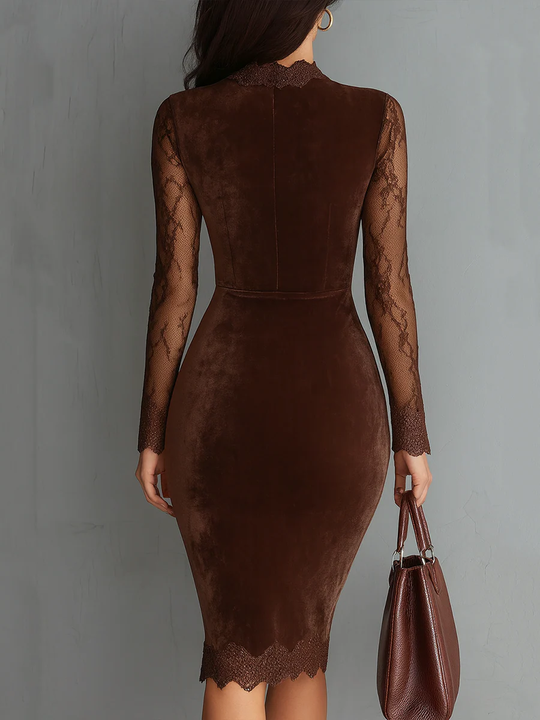 Vestido Mini Velour com Decote Keyhole e Mangas de Renda Vintage Marrom