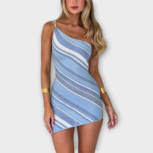 Kira - Vestido Mini Tricot de Um Ombro Estiloso