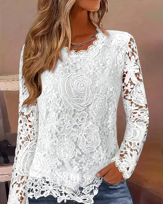 Blusa de Renda de Manga Longa Básica