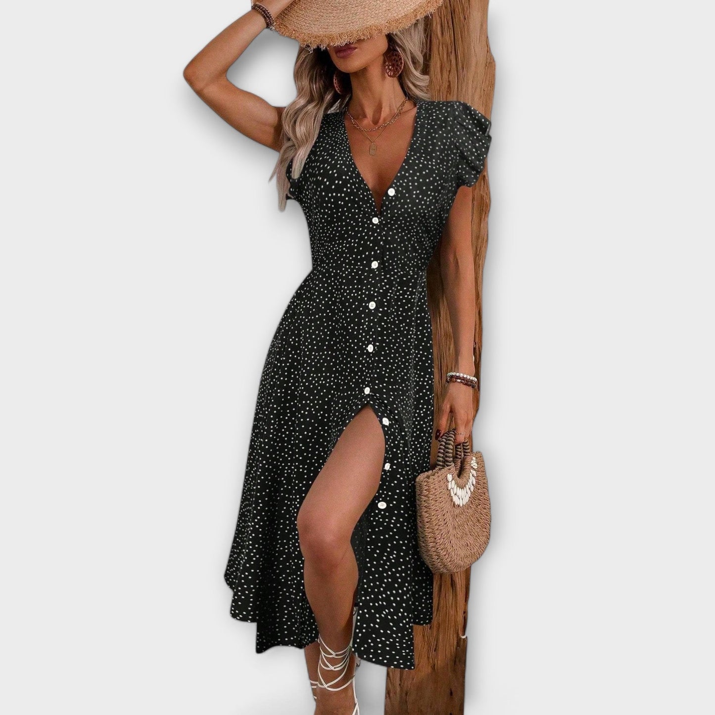 Vestido midi chique com bolinhas