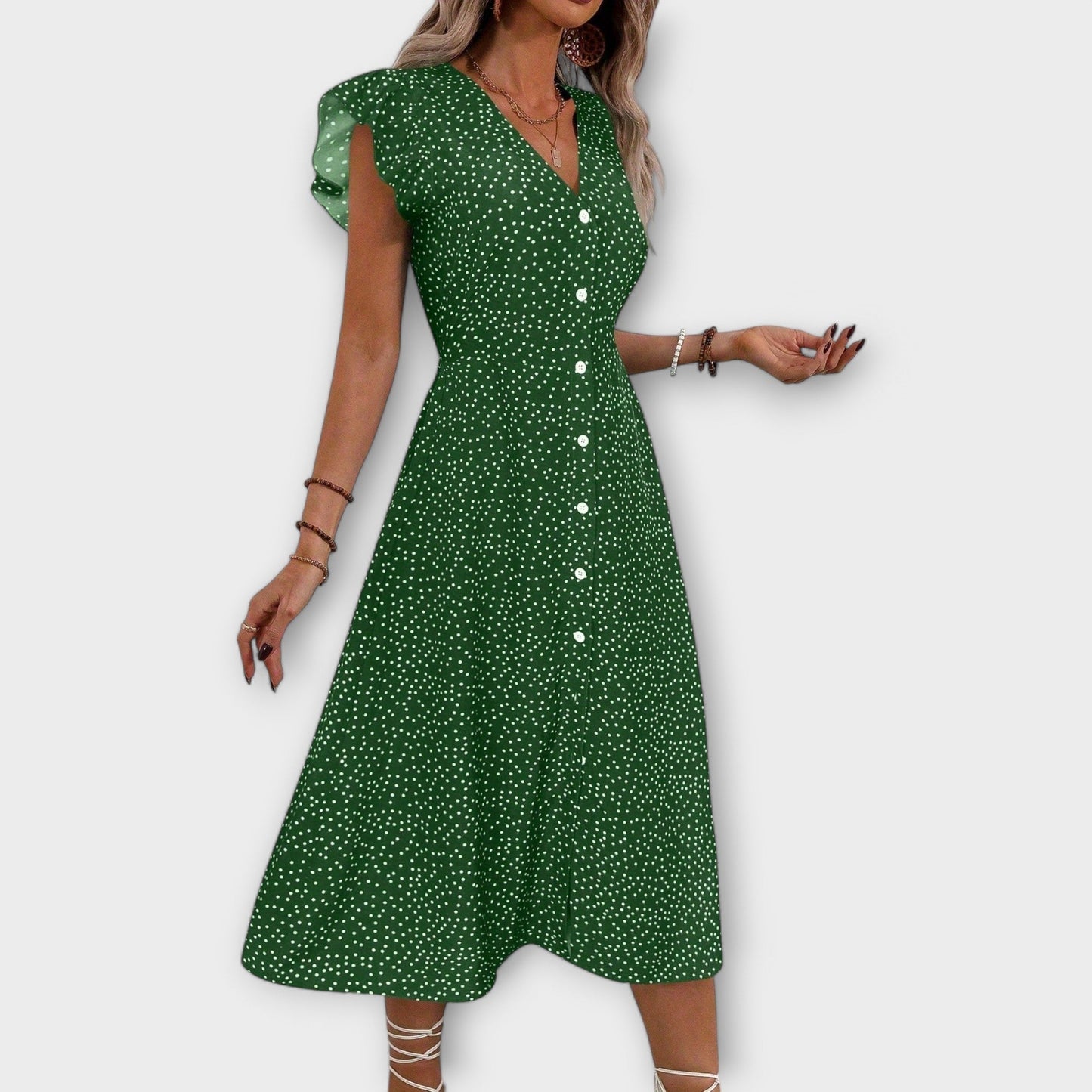 Vestido midi chique com bolinhas