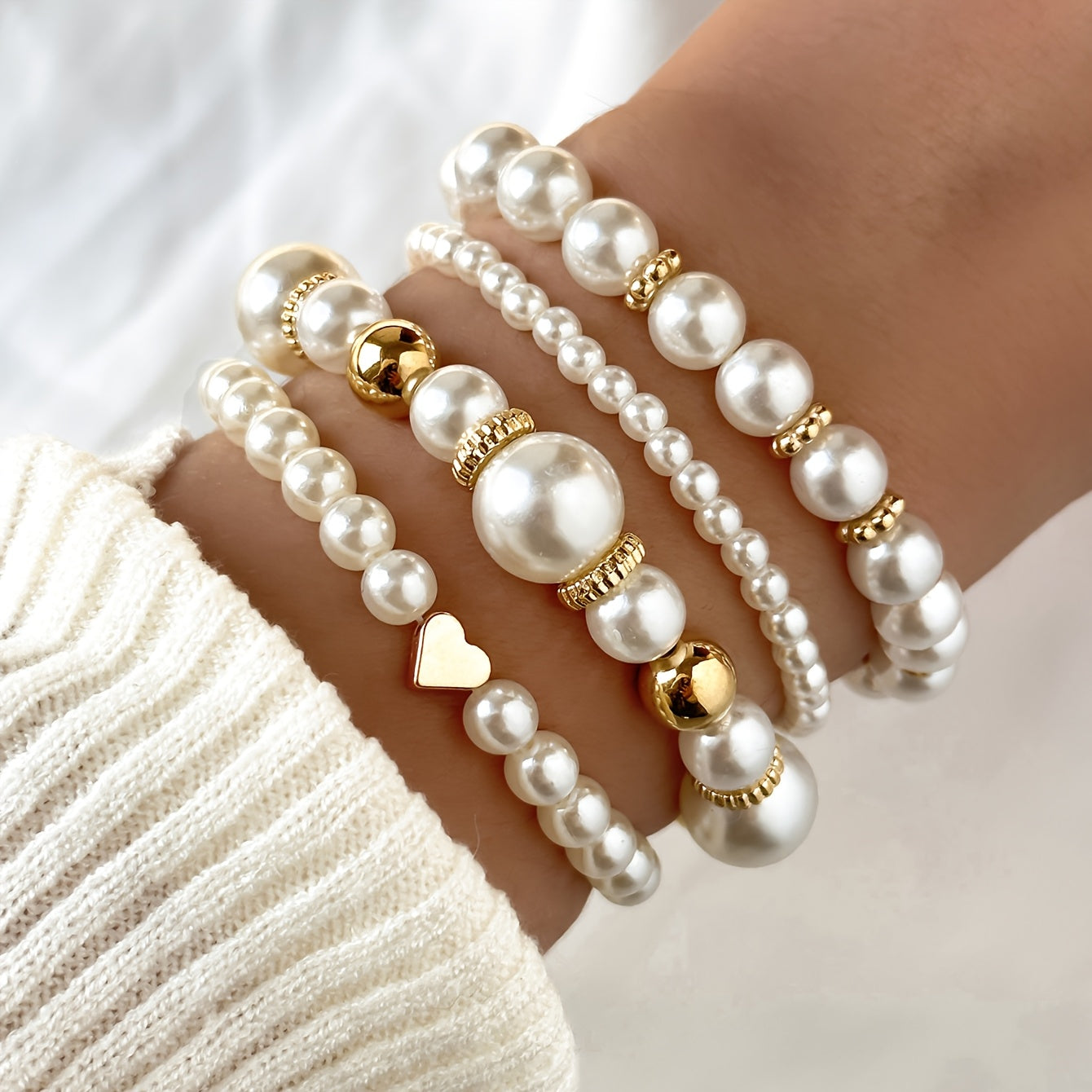 Conjunto de Pulseiras de Coração de Pérola Elegante