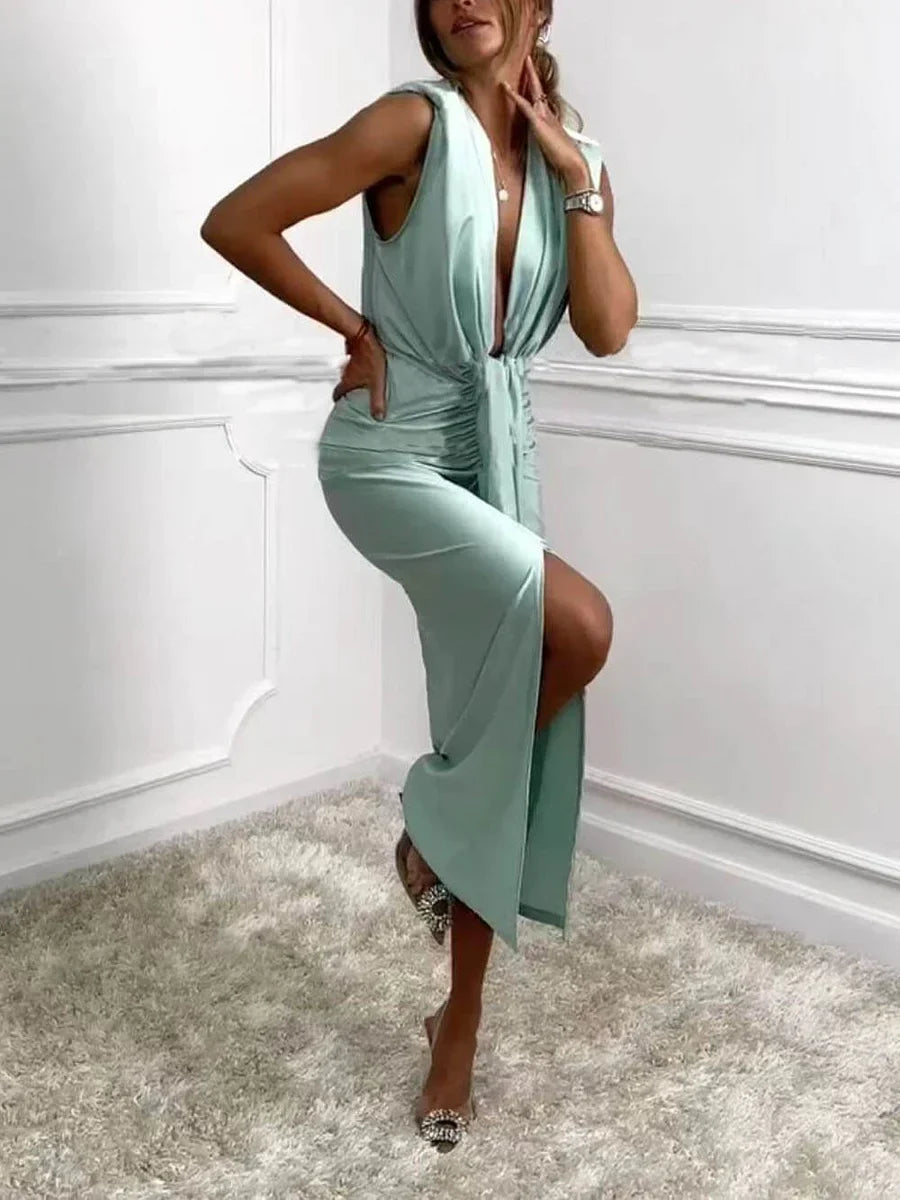 Jolira - Vestido Midi Clássico com Fenda Drapejada