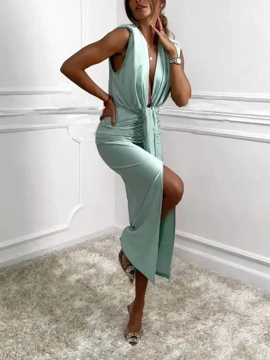 Jolira - Vestido Midi Clássico com Fenda Drapejada