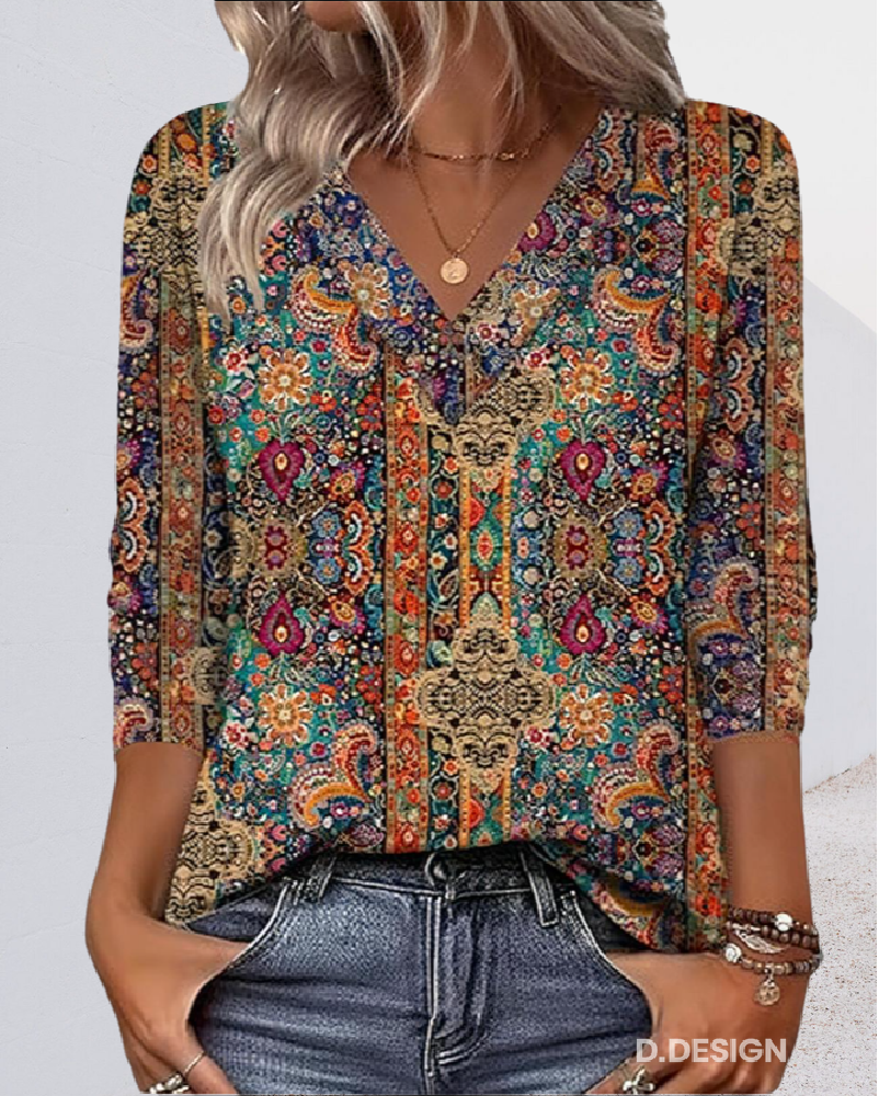 Blusa Retro Estampada Decote V