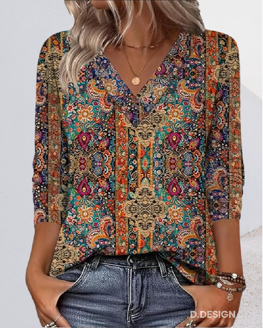 Blusa Retro Estampada Decote V