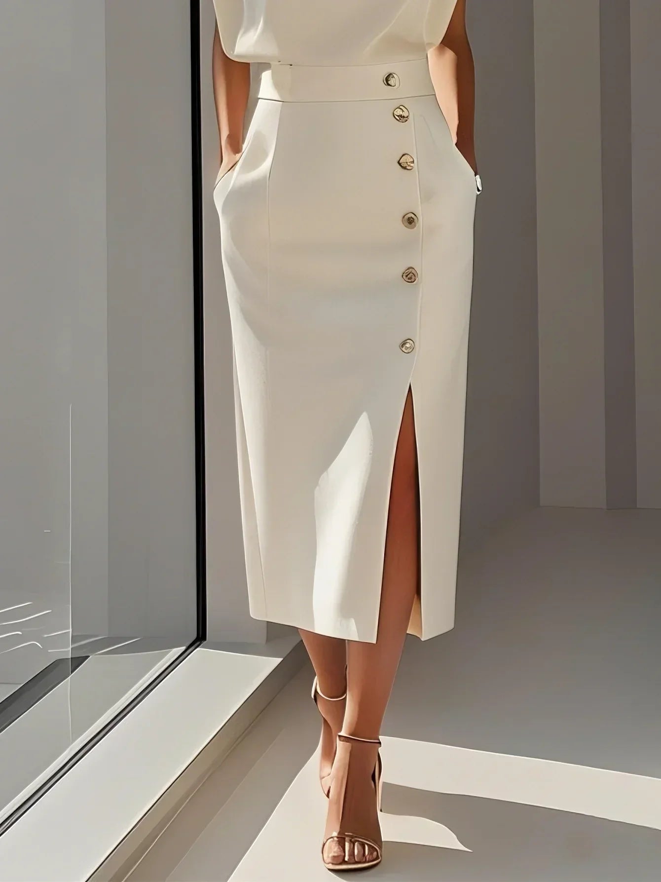 Malene™ | Vestido Midi Sólido com Fenda e Decote Redondo